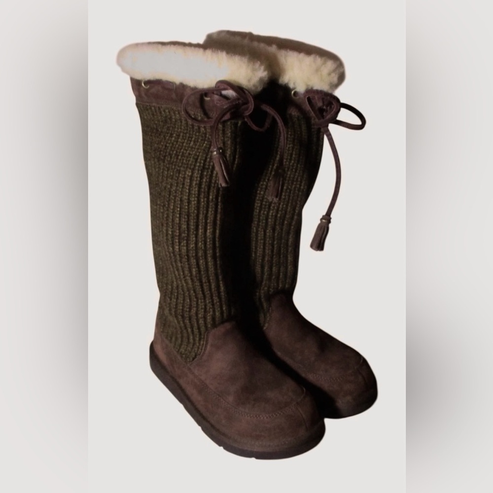 UGG Australia Tall Knit Shearling Boots Brown Leather Tassel Women’s 6 - Picture 12 of 13